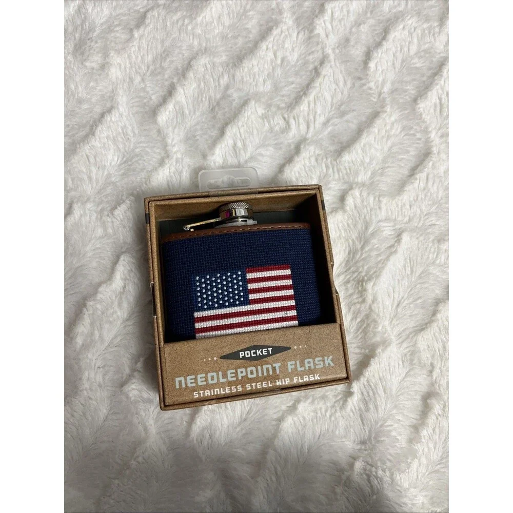 Needlepoint Flask Stars and Stripes American Flag Stainless Steel Kraftsman Co